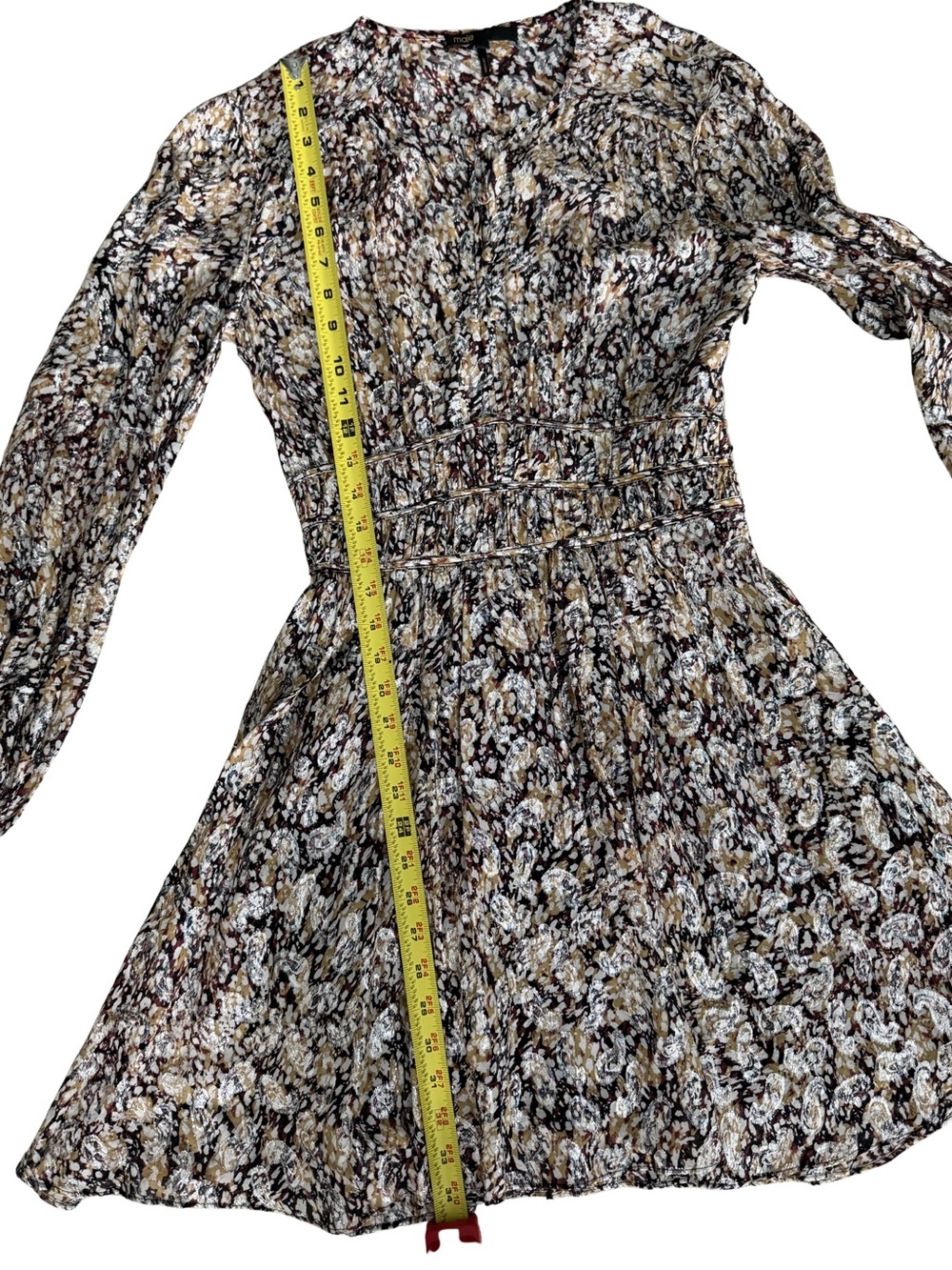 Maje Brown and Cream Floral Smocked-Waist Long-Sleeve Mini Dress - Picture 8 of 8